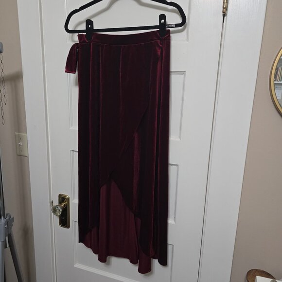 Red Velvet Faux Wrap High Low Midi/Maxi Skirt - Picture 3 of 8
